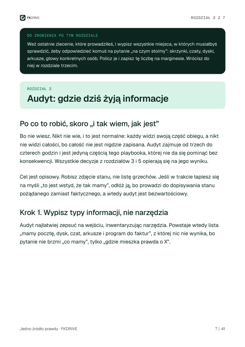 Strona 7 z 41: początek rozdziału 2 „Audyt: gdzie dziś żyją informacje”, nad nim ramka z zadaniem do wykonania po rozdziale 1